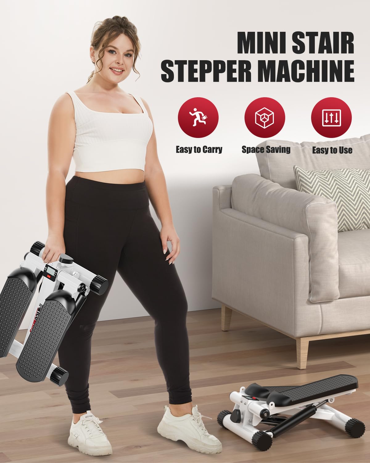 NICEBINGO Mini Stepper for Exercise with Resistance Bands, Under Desk Stepper Machine 300LB Capacity, White