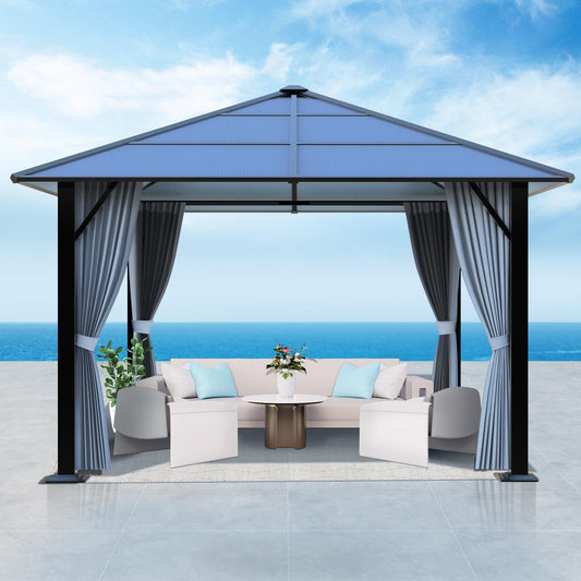 GARTOO 10'x10' Hardtop Gazebo, Outdoor Gazebo with Translucent Roof, Polycarbonate Top Metal Frame Garden Tent with Breathable Mesh and Privacy Curtains for Patio Lawn Garden Backyard, Gray